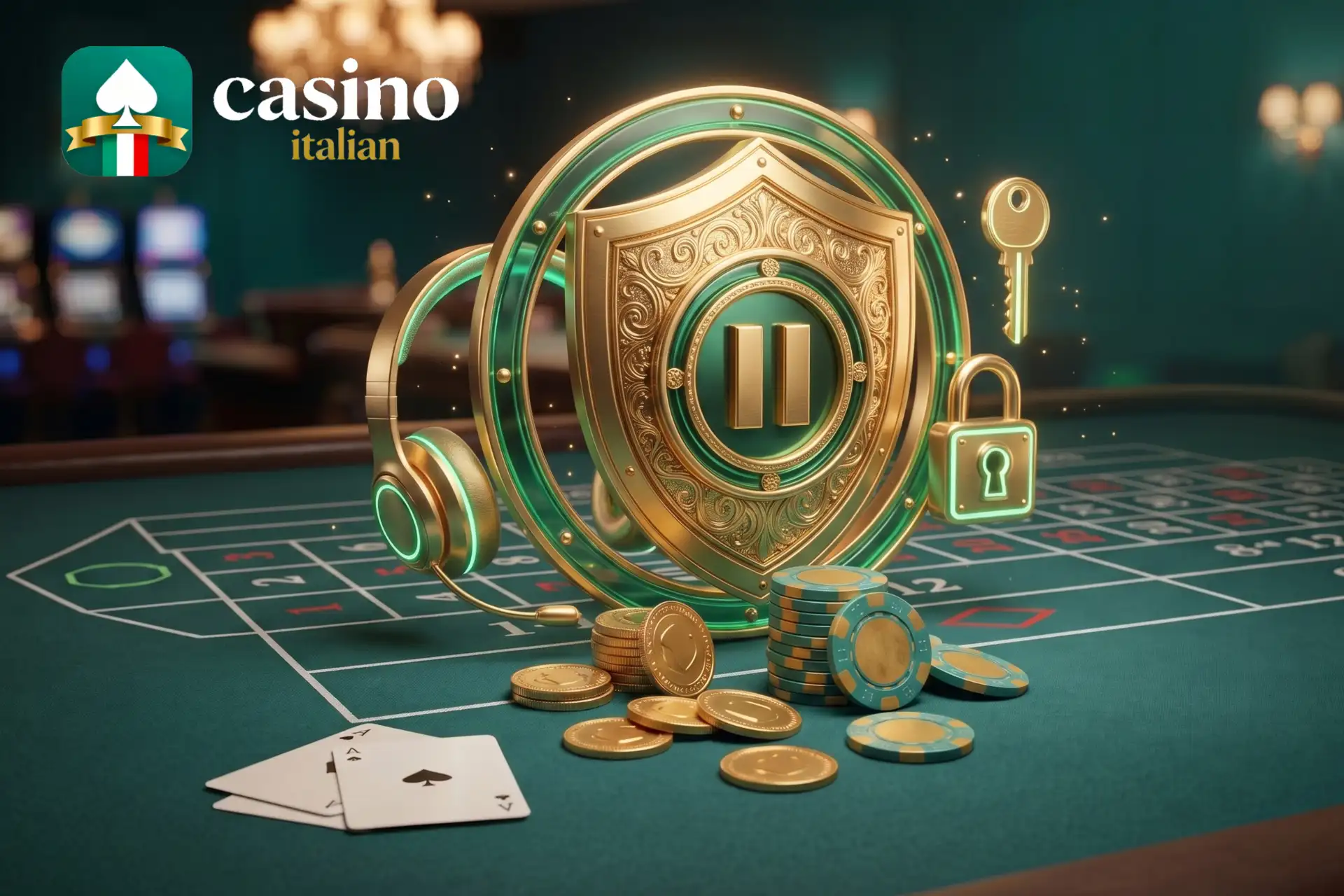 Misure fondamentali di gioco responsabile e tutela, evidenziate su un tavolo da roulette con scudo con simbolo di pausa, cuffie dorate, lucchetto e fiches.
